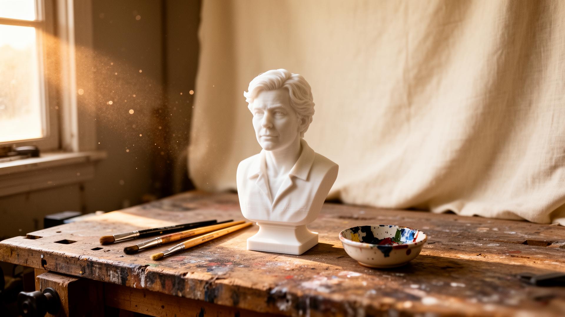 A white portrait bust resting on a worn workbench beside paintbrushes