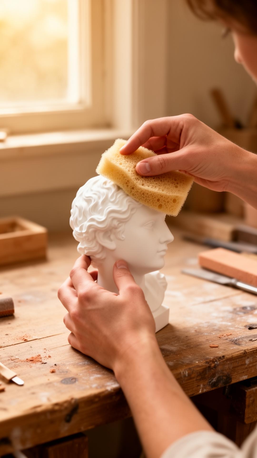 Hands gently sanding a small white bust on a workbench